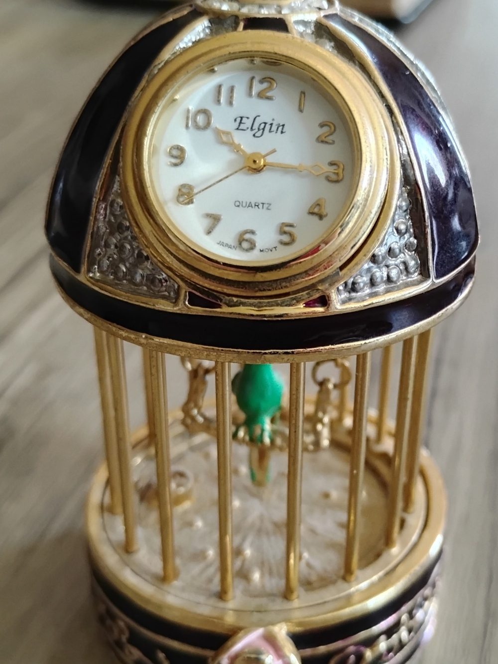 Elgin Clock Gold & Burgundy Enamel Birdcage With Green Bird On Swing Paperweight
